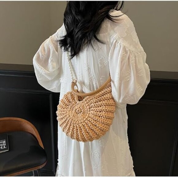 Neiman Marcus Handwoven Crochet Seashell Bag with Pearl Chain Handle - Picture 3 of 7